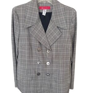 Anne‎ Klein Stretch plaid blazer gray white checked notched lapels 14 NWT